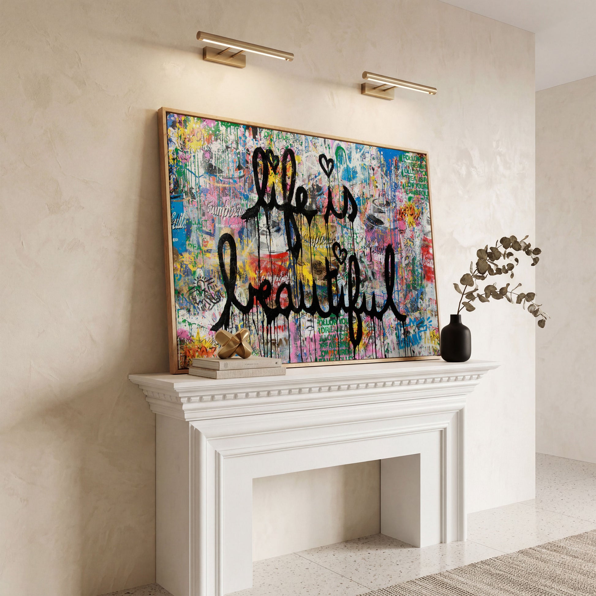 Life Is Beautiful Graffiti Canvas Wall Art, Abstract Street Art Print in white oak floating frame