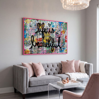 Life Is Beautiful Graffiti Canvas Wall Art, Abstract Street Art Print in pink floating frame