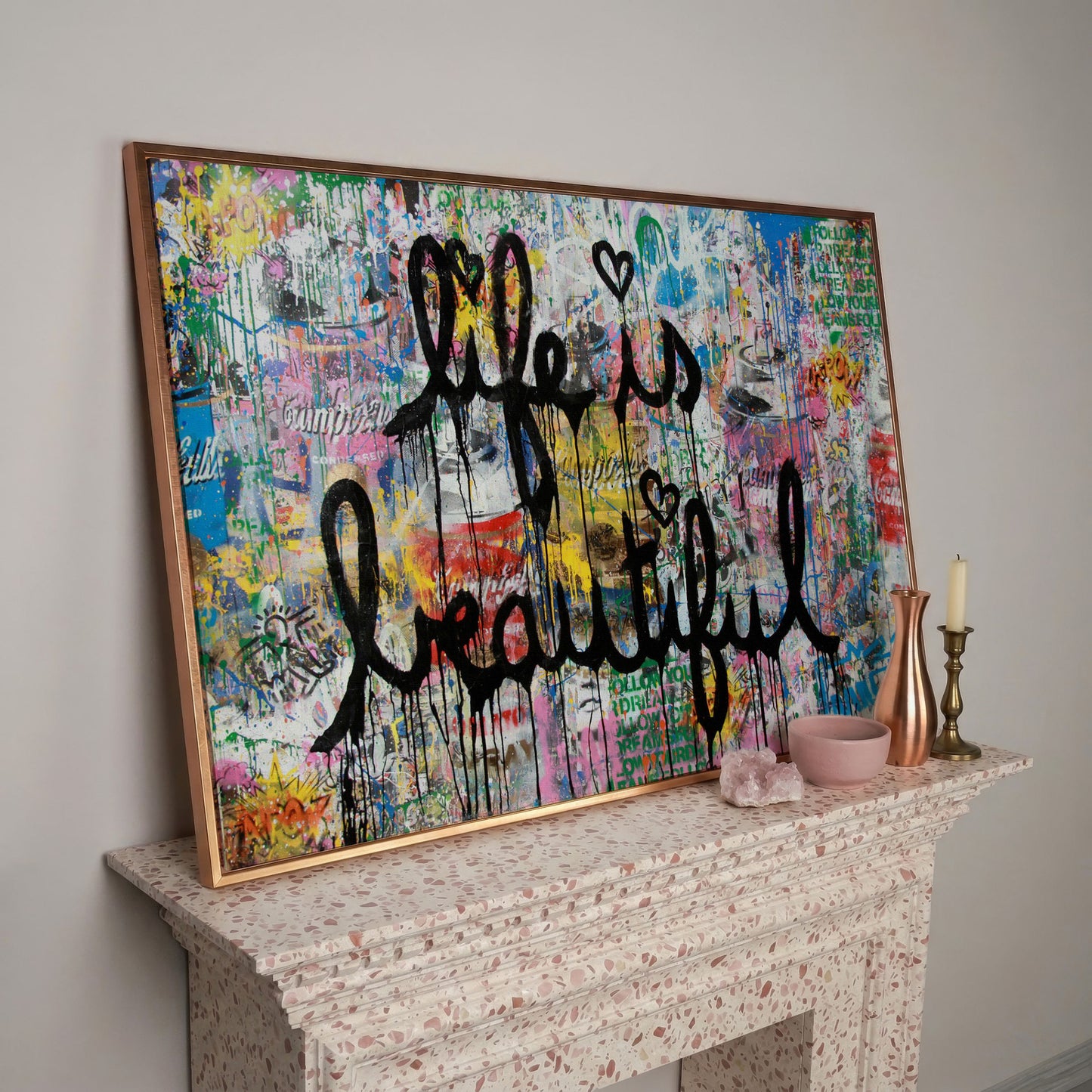 Life Is Beautiful Graffiti Canvas Wall Art, Abstract Street Art Print in rose gold floating frame