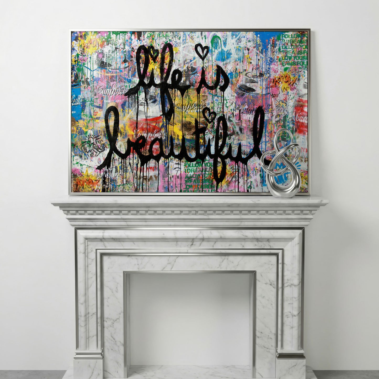 Life Is Beautiful Graffiti Canvas Wall Art, Abstract Street Art Print in silver floating frame