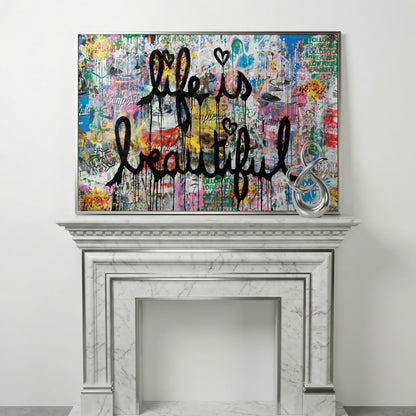 Life Is Beautiful Graffiti Canvas Wall Art, Abstract Street Art Print in silver floating frame