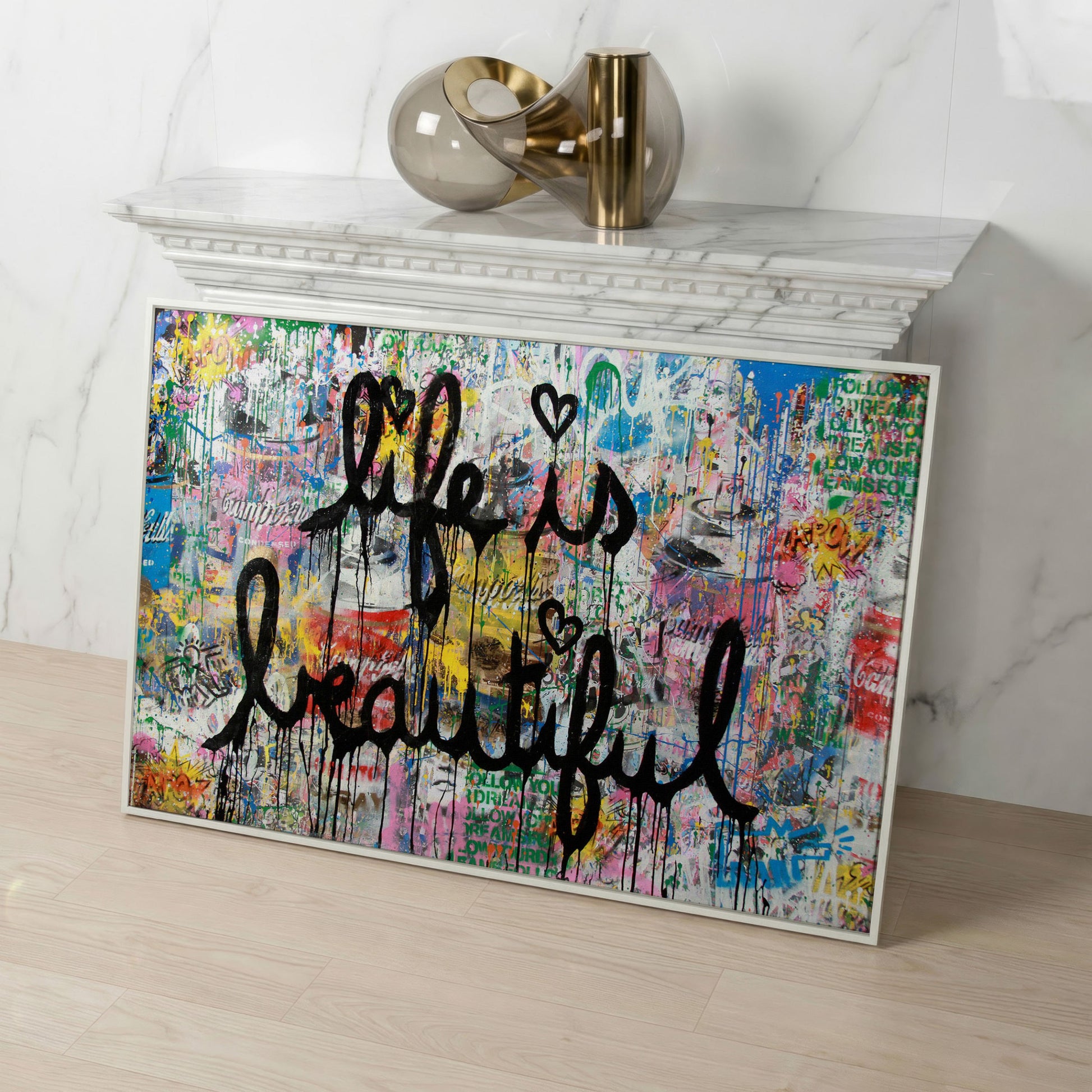 Life Is Beautiful Graffiti Canvas Wall Art, Abstract Street Art Print in white floating frame