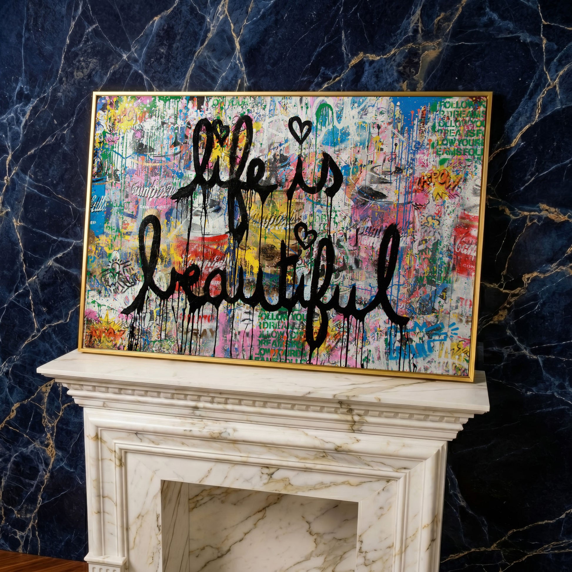 Life Is Beautiful Graffiti Canvas Wall Art, Abstract Street Art Print in yellow gold floating frame