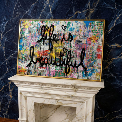 Life Is Beautiful Graffiti Canvas Wall Art, Abstract Street Art Print in yellow gold floating frame