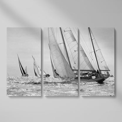 Sailboat Regatta at Sea Canvas Wall Art as 3-panel split version