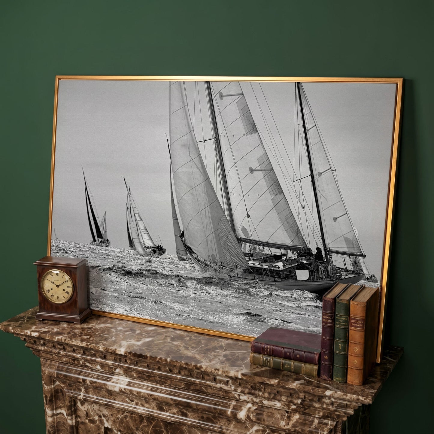 Sailboat Regatta at Sea Canvas Wall Art in antique gold floating frame