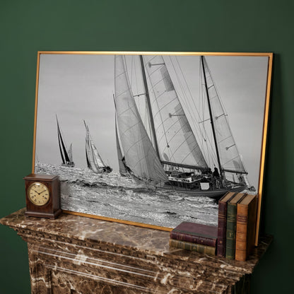 Sailboat Regatta at Sea Canvas Wall Art in antique gold floating frame