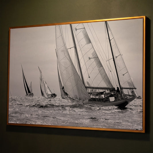 Sailboat Regatta at Sea Canvas Wall Art shown in antique gold floating frame