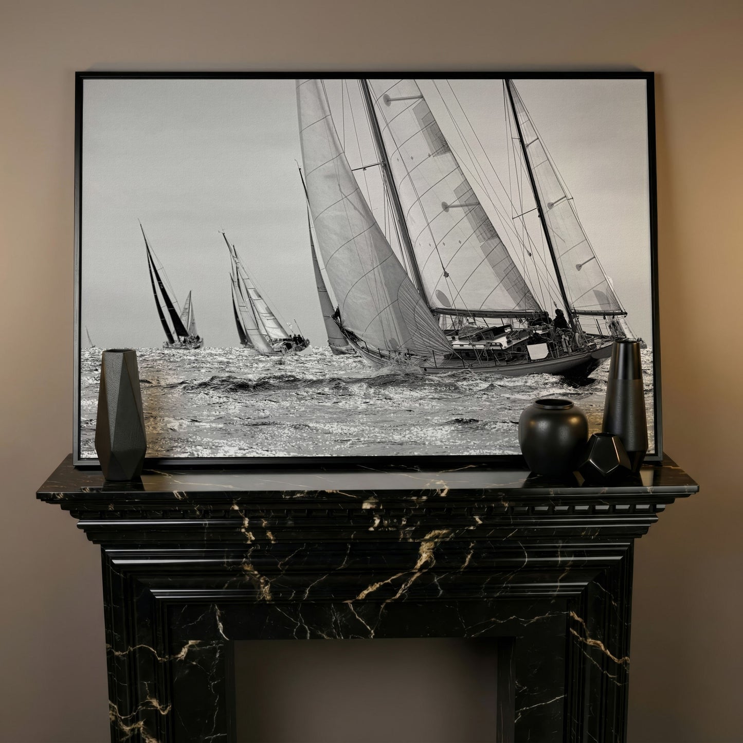 Sailboat Regatta at Sea Canvas Wall Art in black floating frame