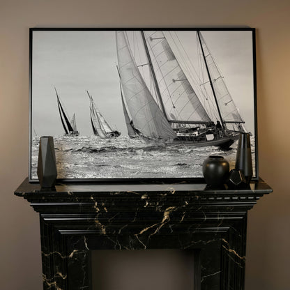 Sailboat Regatta at Sea Canvas Wall Art in black floating frame