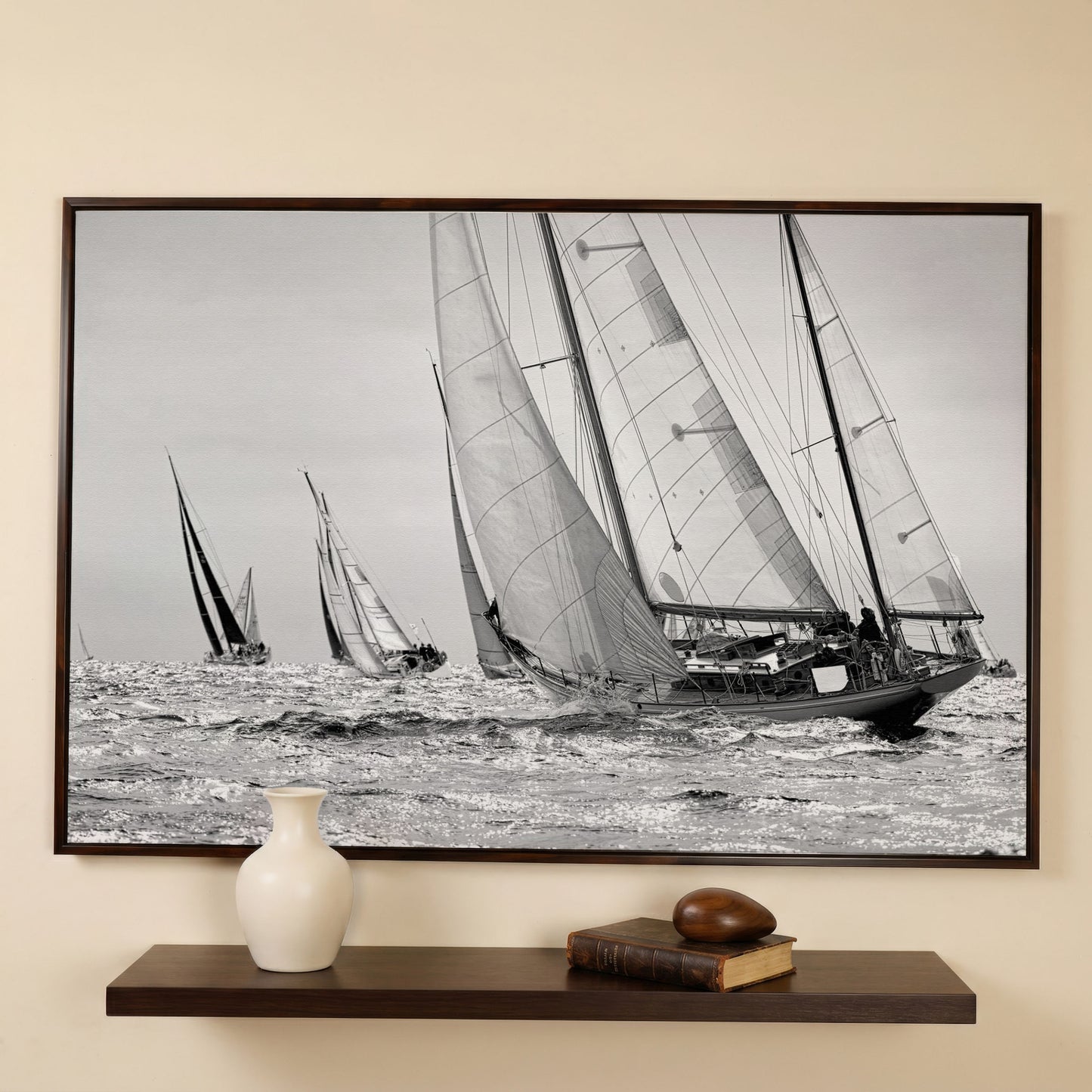Sailboat Regatta at Sea Canvas Wall Art in dark walnut floating frame