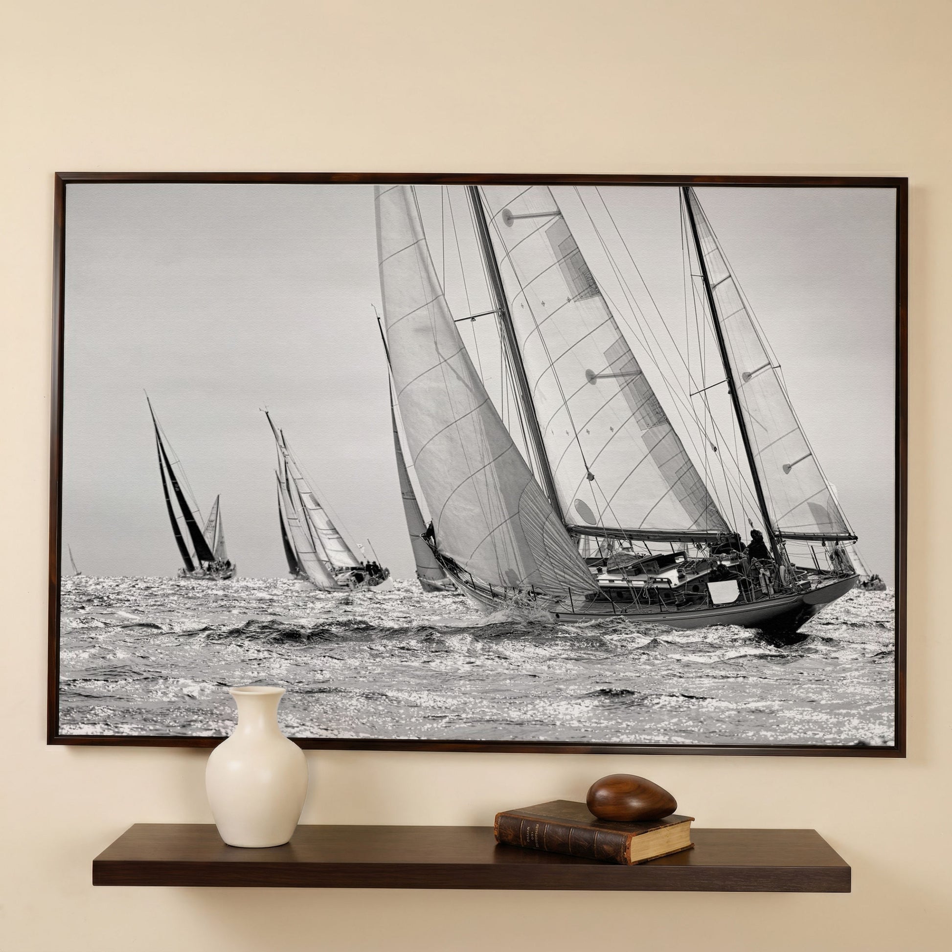 Sailboat Regatta at Sea Canvas Wall Art in dark walnut floating frame