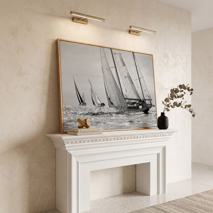 Sailboat Regatta at Sea Canvas Wall Art in white oak floating frame