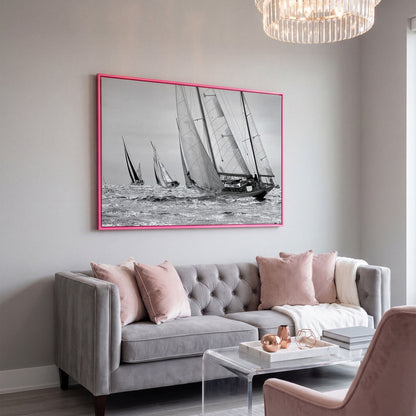 Sailboat Regatta at Sea Canvas Wall Art in pink floating frame