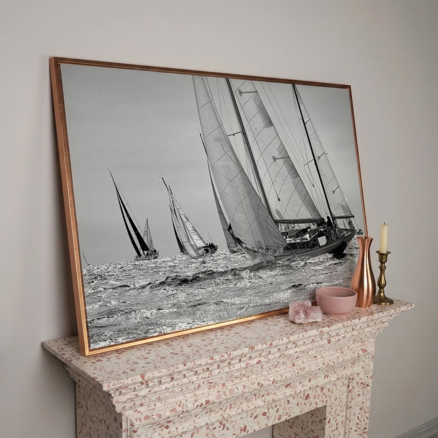 Sailboat Regatta at Sea Canvas Wall Art in rose gold floating frame