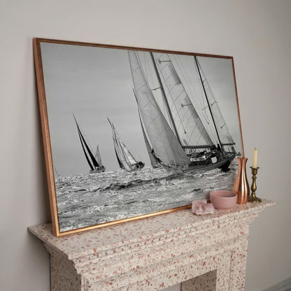 Sailboat Regatta at Sea Canvas Wall Art in rose gold floating frame