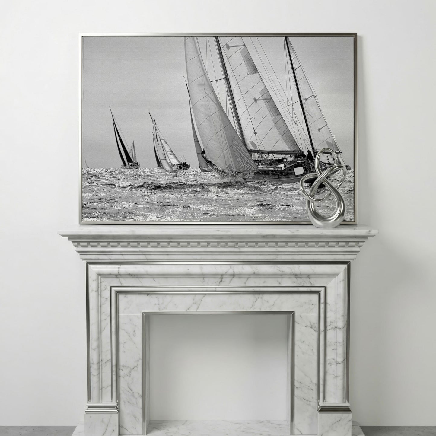 Sailboat Regatta at Sea Canvas Wall Art in silver floating frame