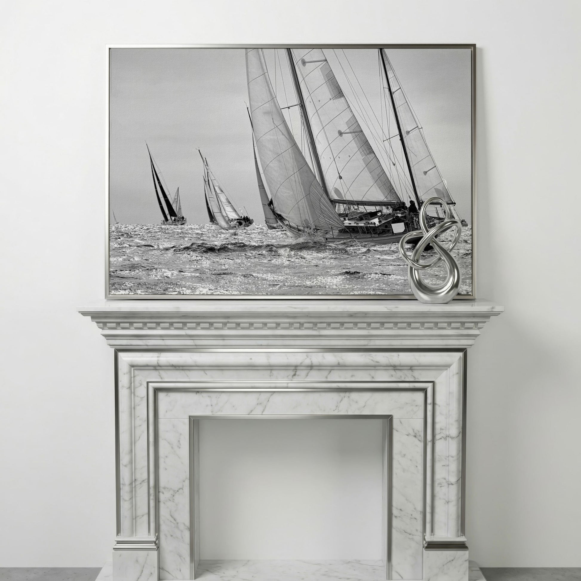 Sailboat Regatta at Sea Canvas Wall Art in silver floating frame