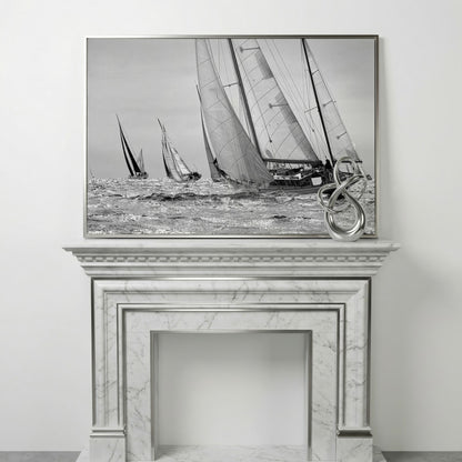 Sailboat Regatta at Sea Canvas Wall Art in silver floating frame
