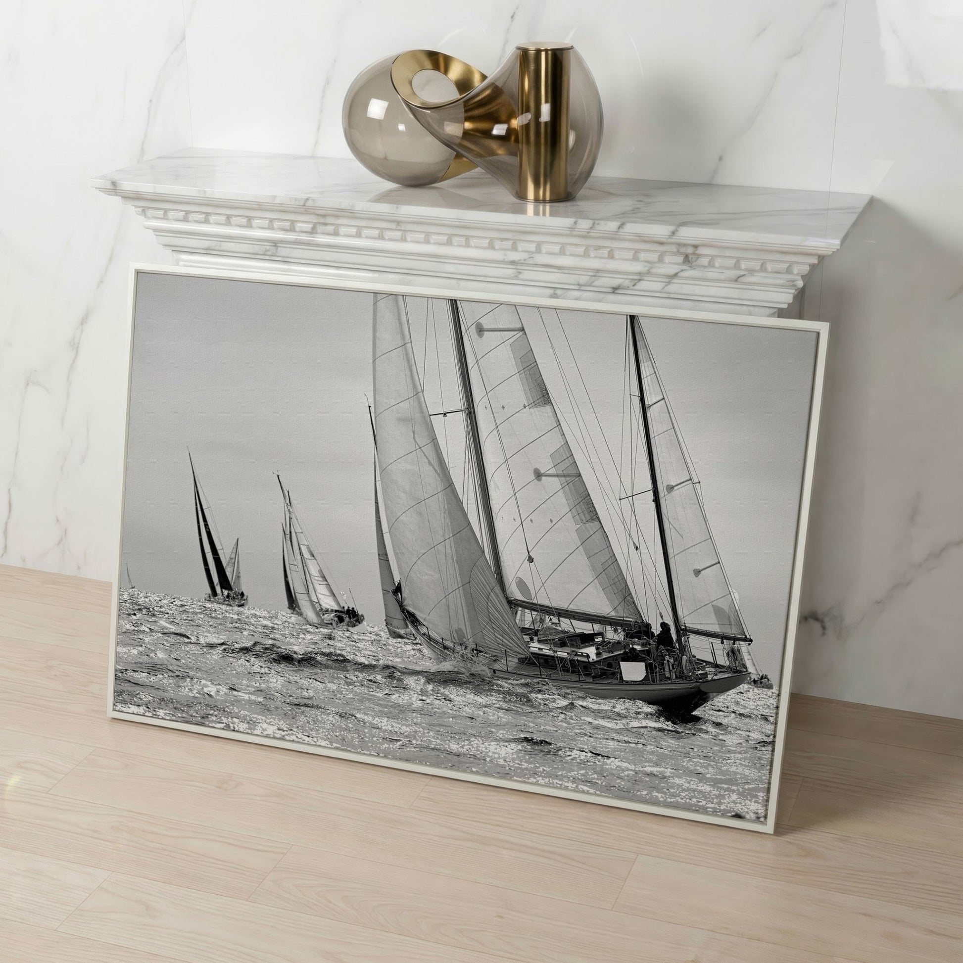 Sailboat Regatta at Sea Canvas Wall Art in white floating frame