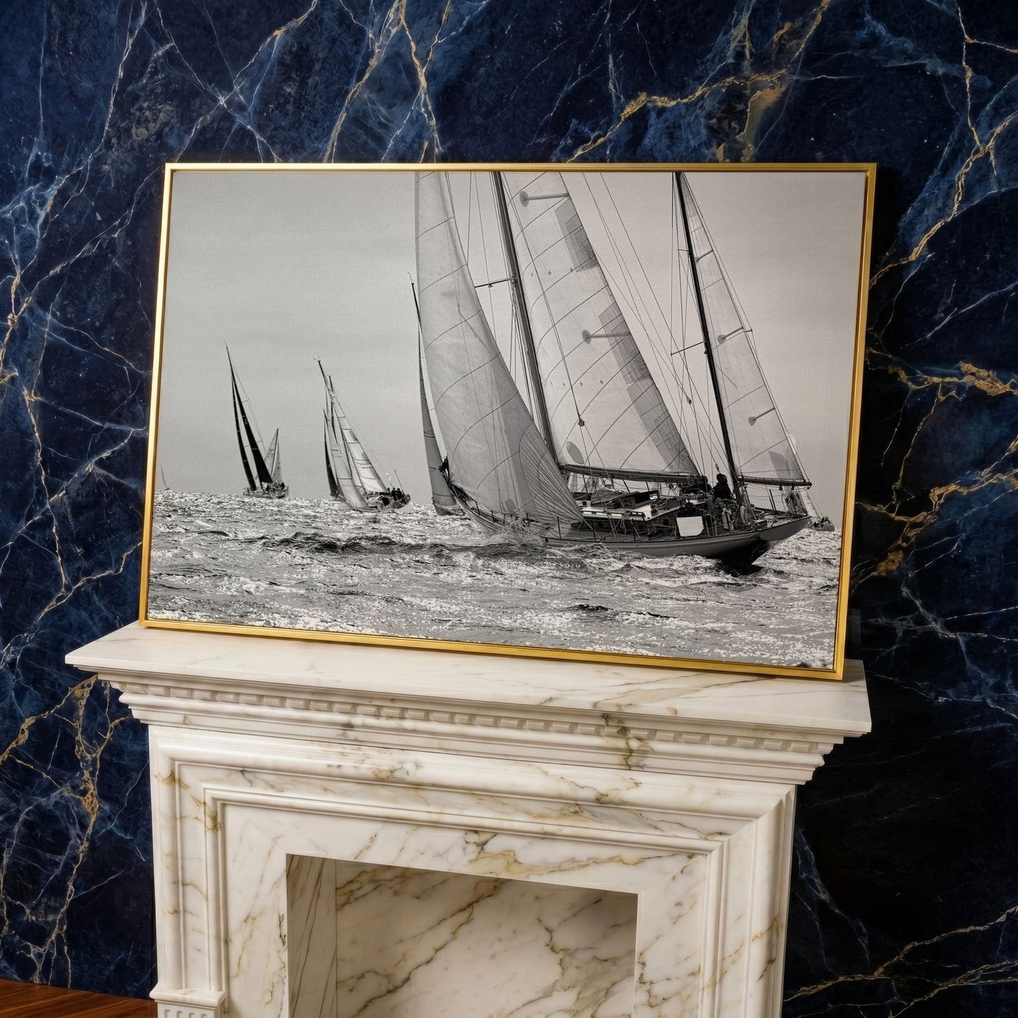 Sailboat Regatta at Sea Canvas Wall Art in yellow gold floating frame