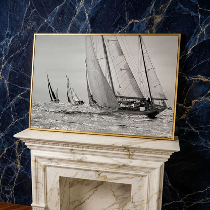Sailboat Regatta at Sea Canvas Wall Art in yellow gold floating frame