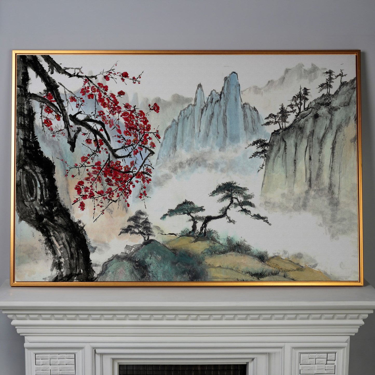 Japanese Mountain Landscape with Cherry Blossoms and Mist canvas in antique gold floating frame