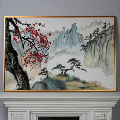 Japanese Mountain Landscape with Cherry Blossoms and Mist canvas in antique gold floating frame