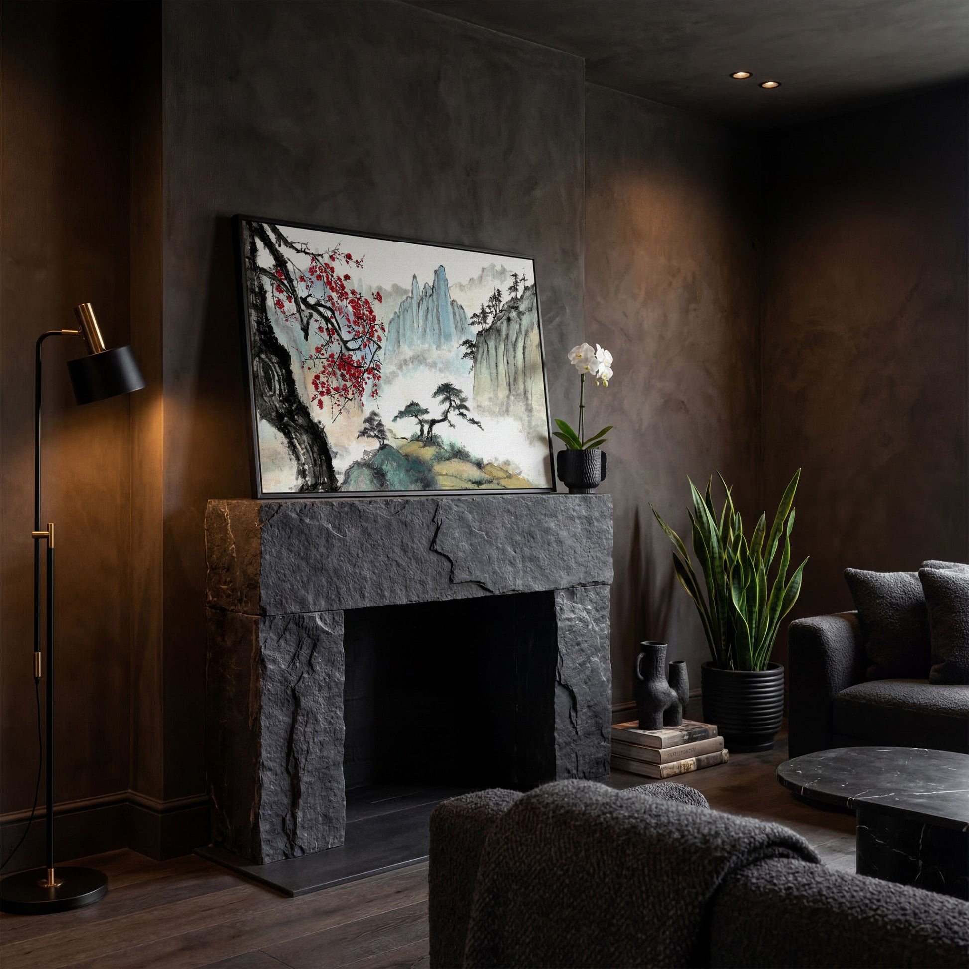 Japanese Mountain Landscape with Cherry Blossoms and Mist canvas in black floating frame