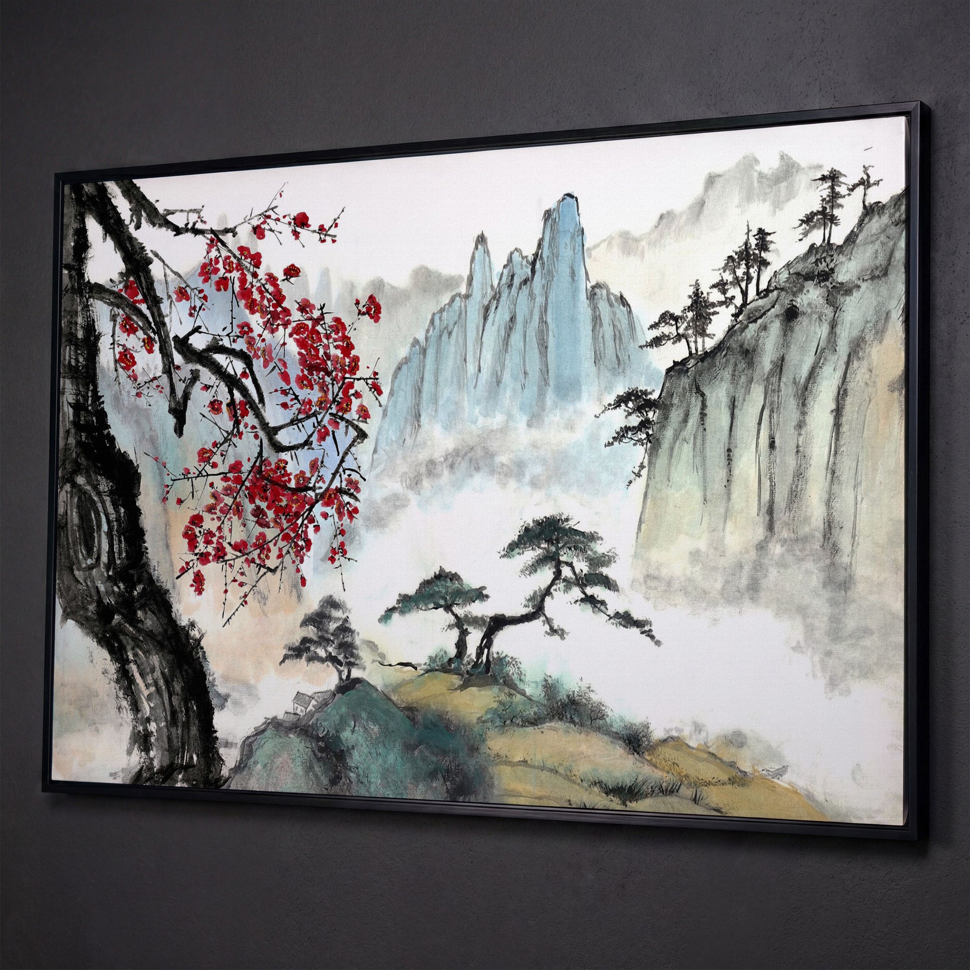 Japanese Mountain Landscape with Cherry Blossoms and Mist canvas shown in black floating frame