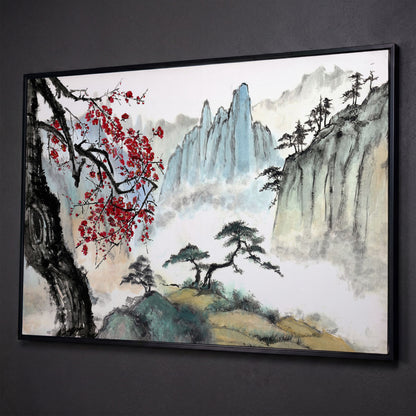 Japanese Mountain Landscape with Cherry Blossoms and Mist canvas shown in black floating frame