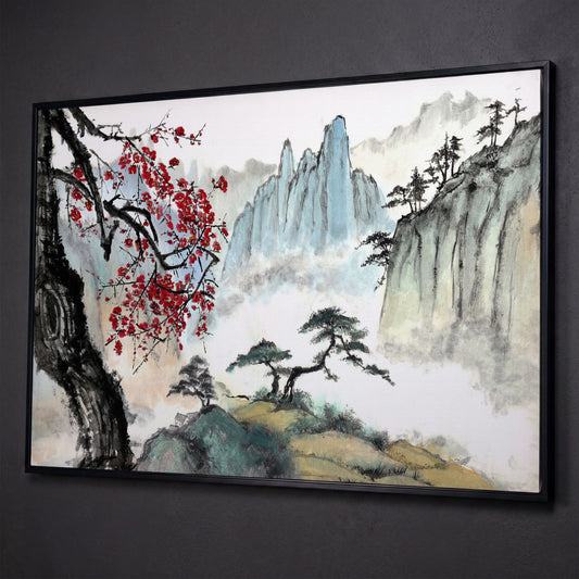 Japanese Mountain Landscape with Cherry Blossoms and Mist canvas shown in black floating frame