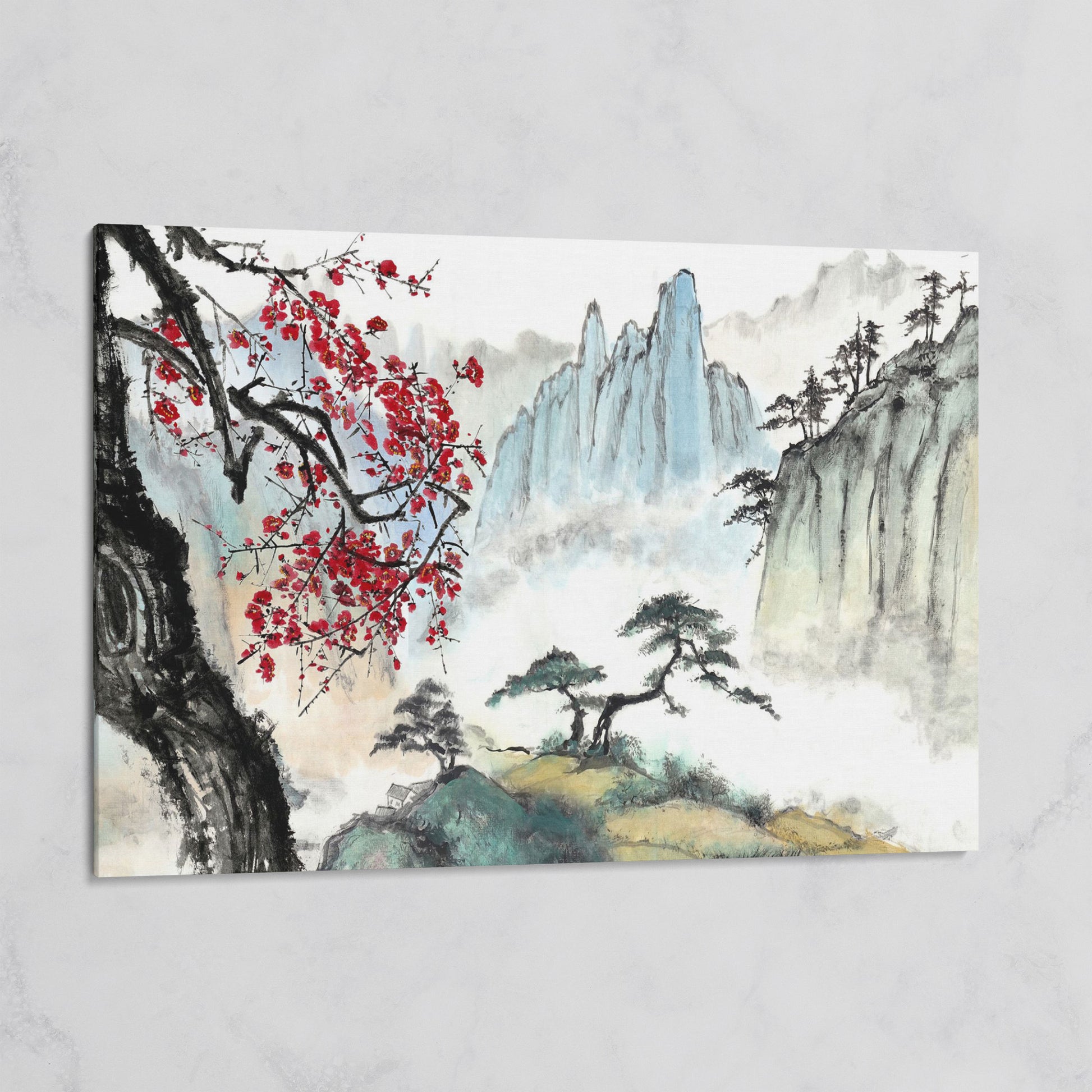 Japanese Mountain Landscape with Cherry Blossoms and Mist on gallery wrap canvas