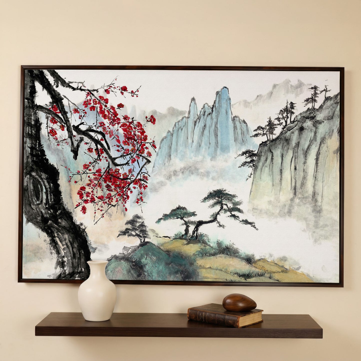 Japanese Mountain Landscape with Cherry Blossoms and Mist canvas in dark walnut floating frame