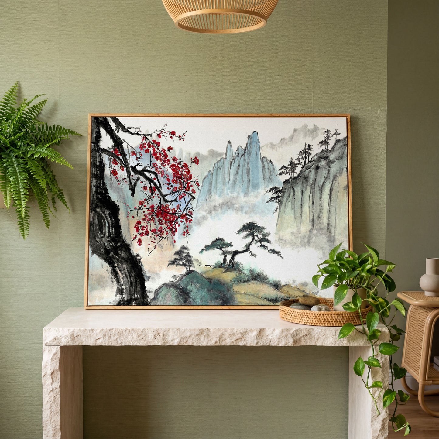 Japanese Mountain Landscape with Cherry Blossoms and Mist canvas in white oak floating frame