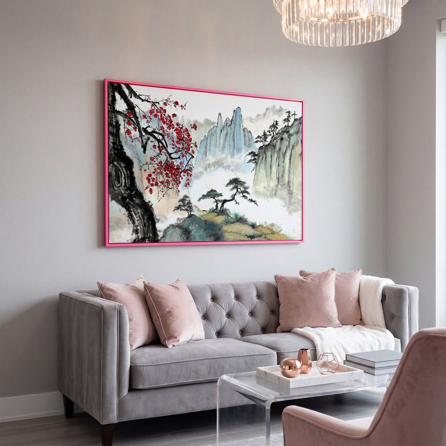 Japanese Mountain Landscape with Cherry Blossoms and Mist canvas in pink floating frame