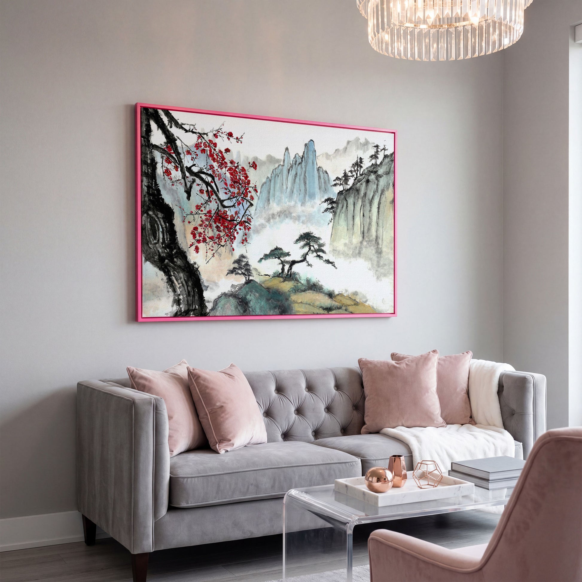 Japanese Mountain Landscape with Cherry Blossoms and Mist canvas in pink floating frame