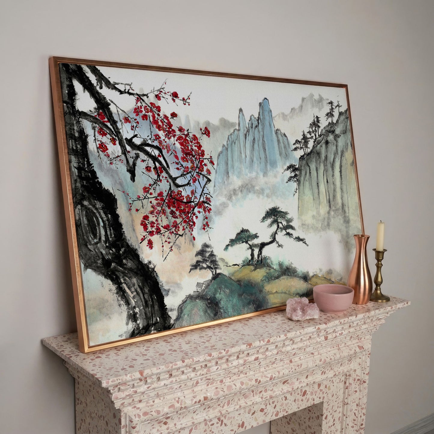 Japanese Mountain Landscape with Cherry Blossoms and Mist canvas in rose gold floating frame