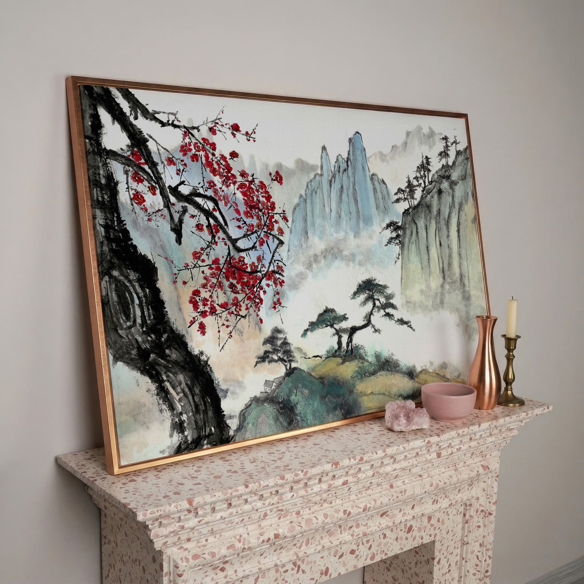 Japanese Mountain Landscape with Cherry Blossoms and Mist canvas in rose gold floating frame