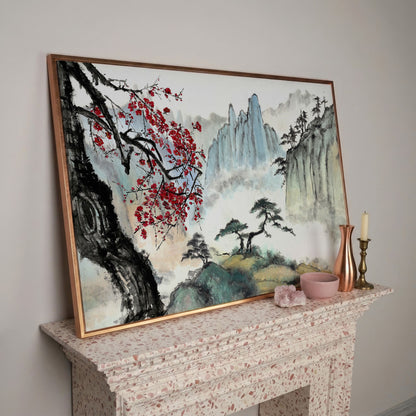 Japanese Mountain Landscape with Cherry Blossoms and Mist canvas in rose gold floating frame