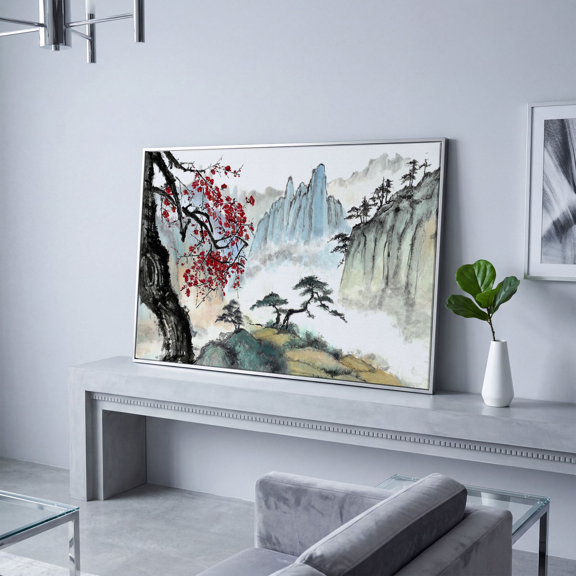 Japanese Mountain Landscape with Cherry Blossoms and Mist canvas in silver floating frame