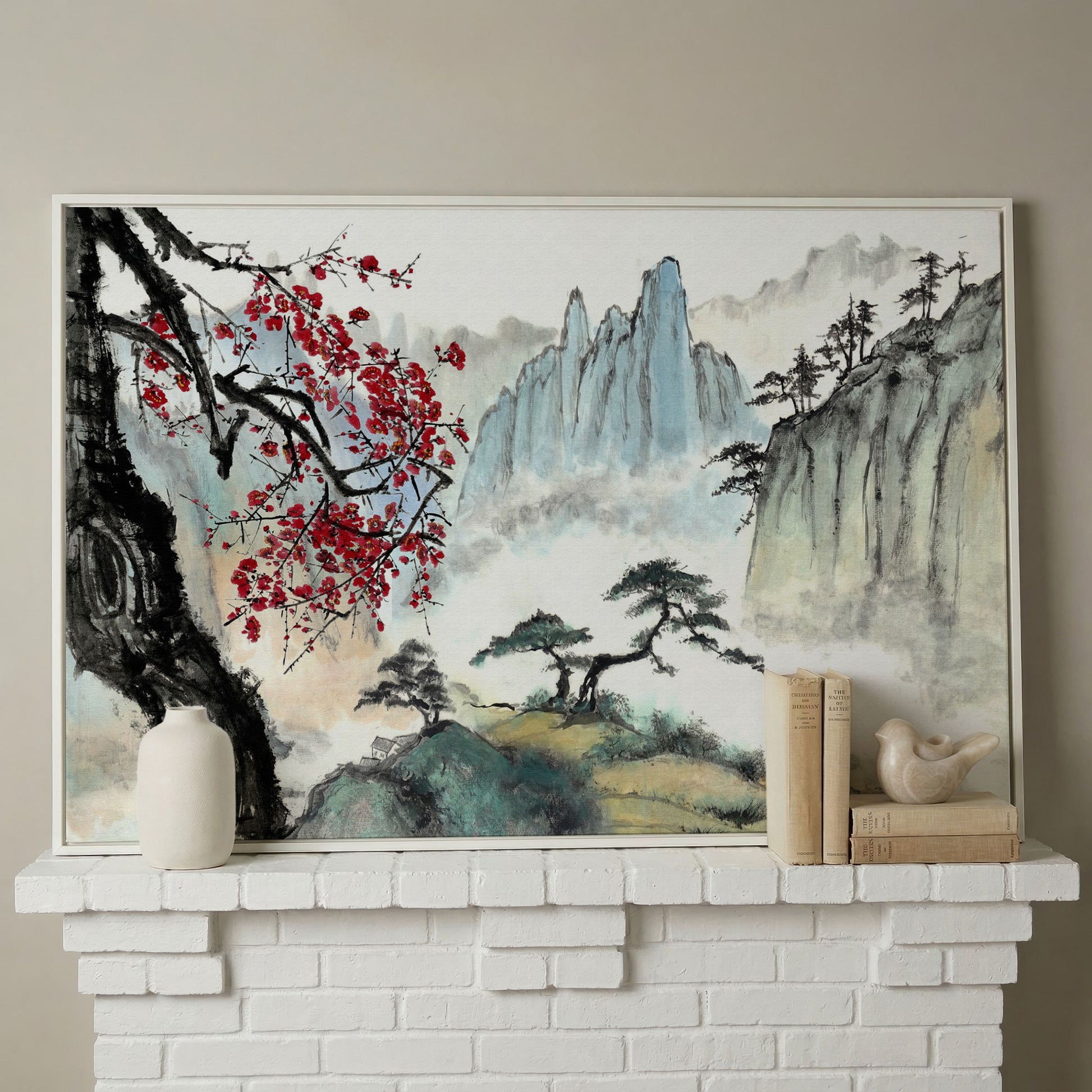 Japanese Mountain Landscape with Cherry Blossoms and Mist canvas in white floating frame
