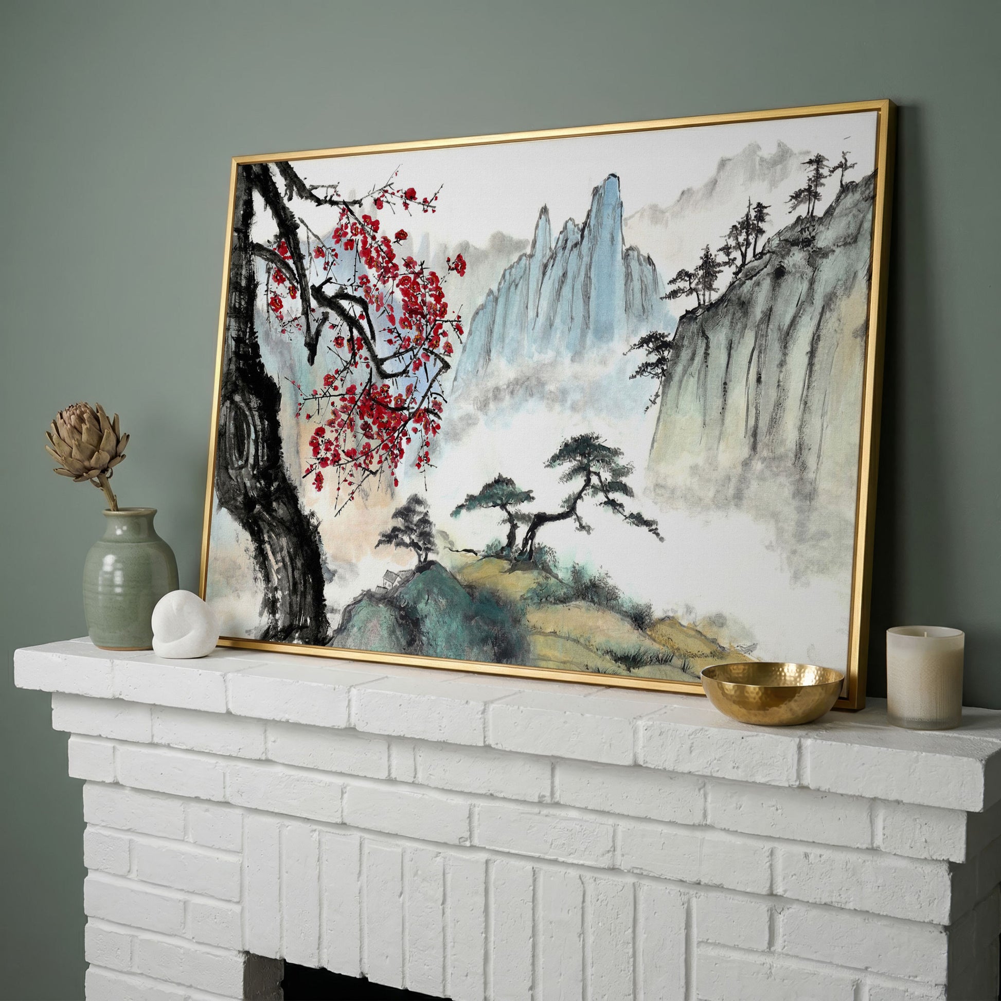 Japanese Mountain Landscape with Cherry Blossoms and Mist canvas in yellow gold floating frame