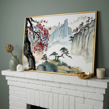 Japanese Mountain Landscape with Cherry Blossoms and Mist canvas in yellow gold floating frame