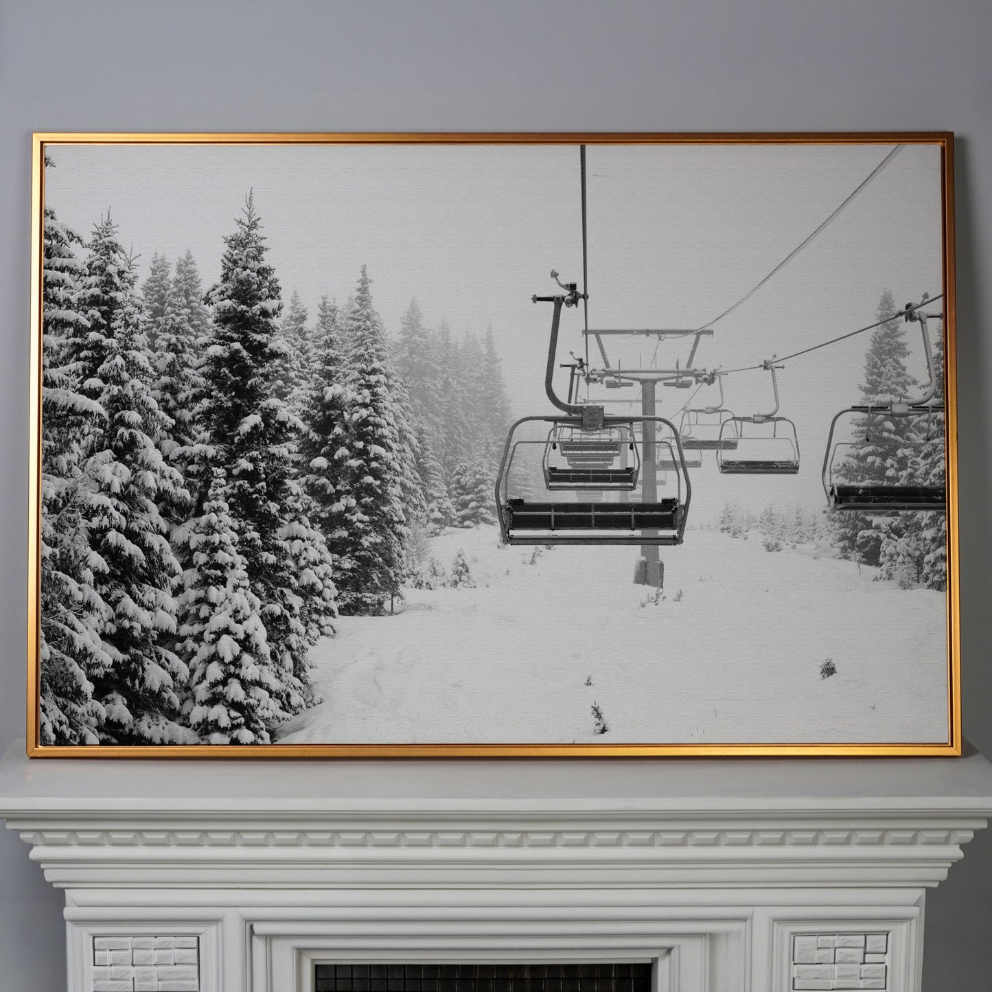 Snowy Mountain Ski Lift Canvas Art for Cabin and Lodge Walls in antique gold floating frame