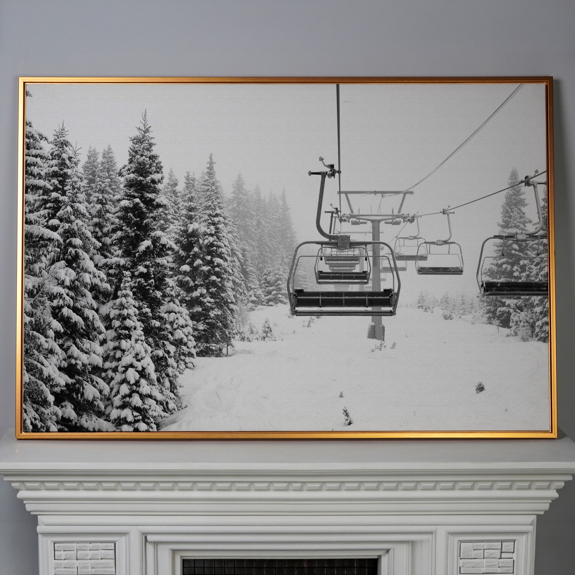 Snowy Mountain Ski Lift Canvas Art for Cabin and Lodge Walls in antique gold floating frame