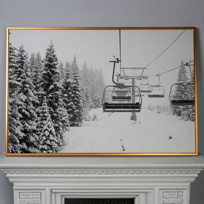 Snowy Mountain Ski Lift Canvas Art for Cabin and Lodge Walls in antique gold floating frame
