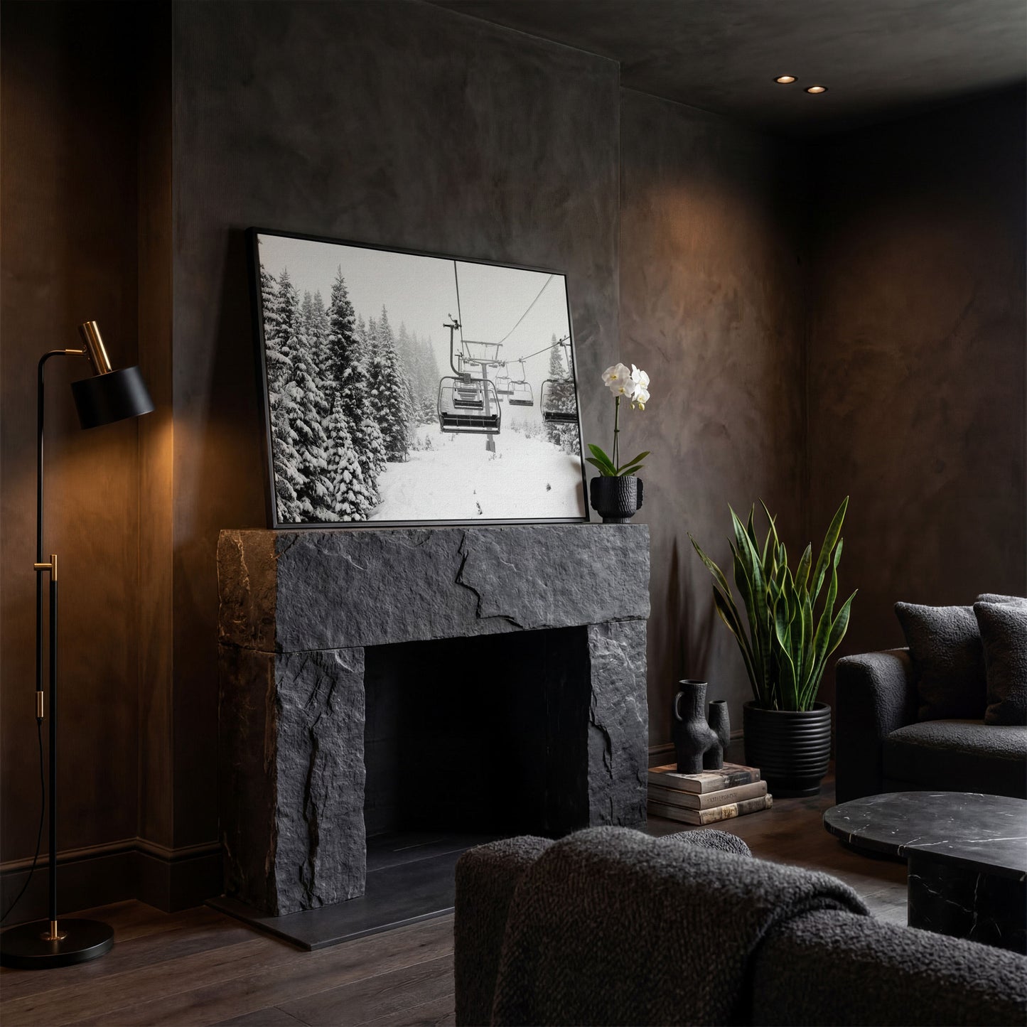 Snowy Mountain Ski Lift Canvas Art for Cabin and Lodge Walls in black floating frame