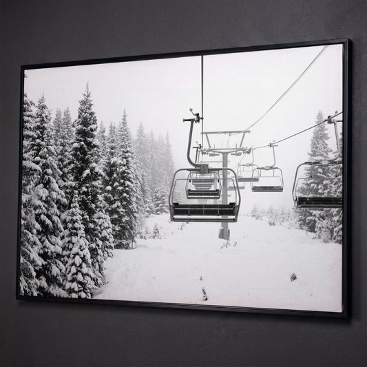 Snowy Mountain Ski Lift Canvas Art for Cabin and Lodge Walls shown in black floating frame