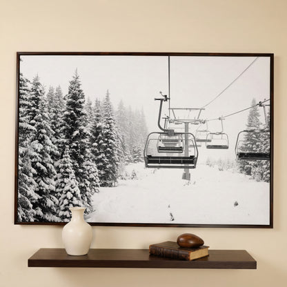 Snowy Mountain Ski Lift Canvas Art for Cabin and Lodge Walls in dark walnut floating frame